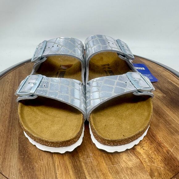 Birkenstock Arizona Gator Gleam Silver Slides Narrow Size 38 Women's 7 - Picture 2 of 8